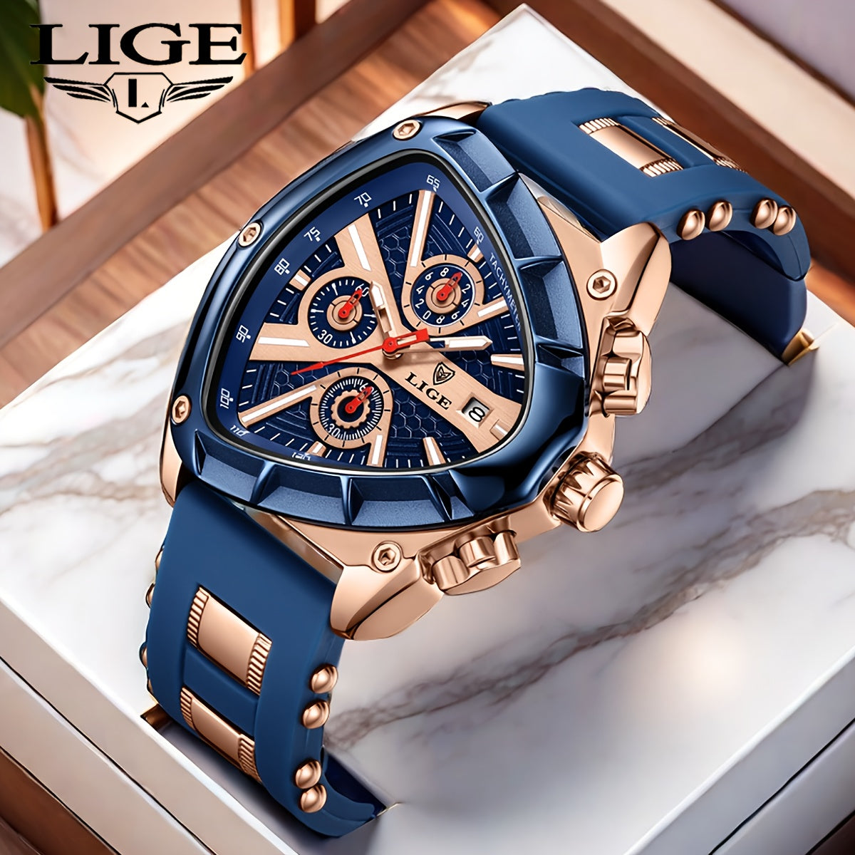 LIGE Men's Sports Triangle Watch - Luminous Hands, Fashion Silicone Strap, Luxury Golden-Tone Quartz Wristwatch with Chronograph & Date Display