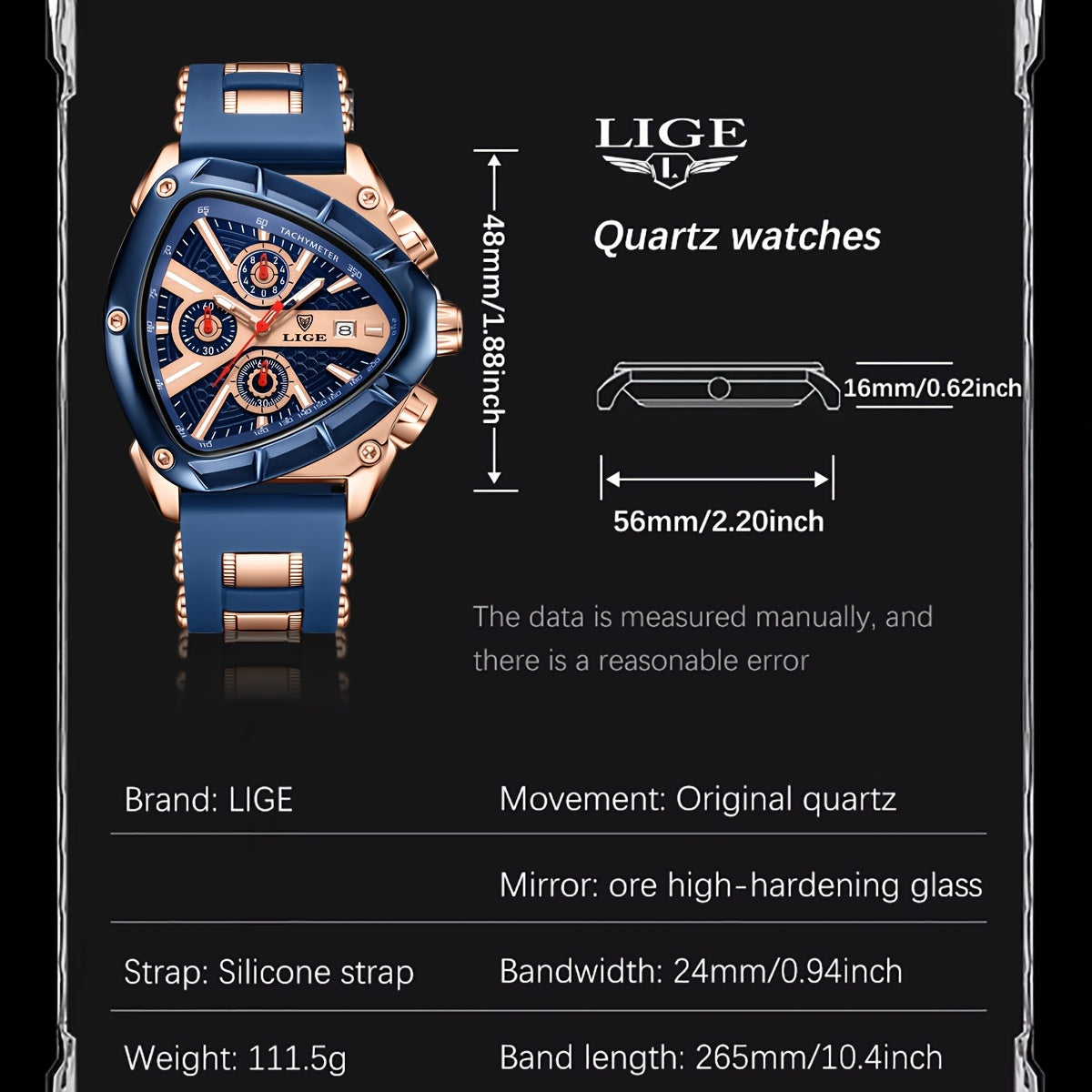 LIGE Men's Sports Triangle Watch - Luminous Hands, Fashion Silicone Strap, Luxury Golden-Tone Quartz Wristwatch with Chronograph & Date Display