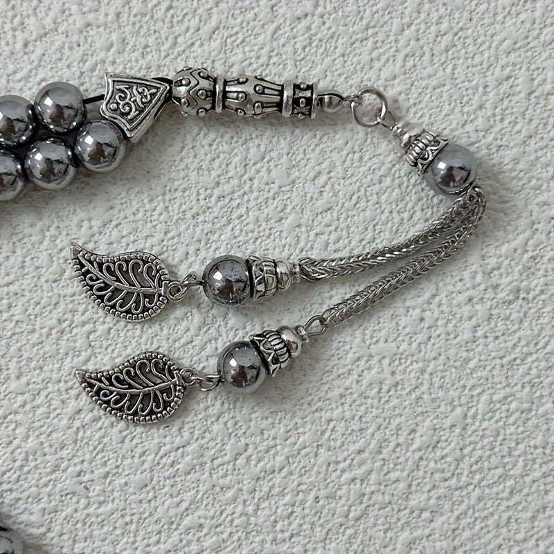 Vintage Ethnic Style Tree Leaf Spike With 33 Beads Of 8mm Hematite (natural Stone Containing Iron, The Beads May Have Natural Pores, Pits, And Small Cracks On The Surface, Which Do Not Affect The Use, Please Do Not Buy If You