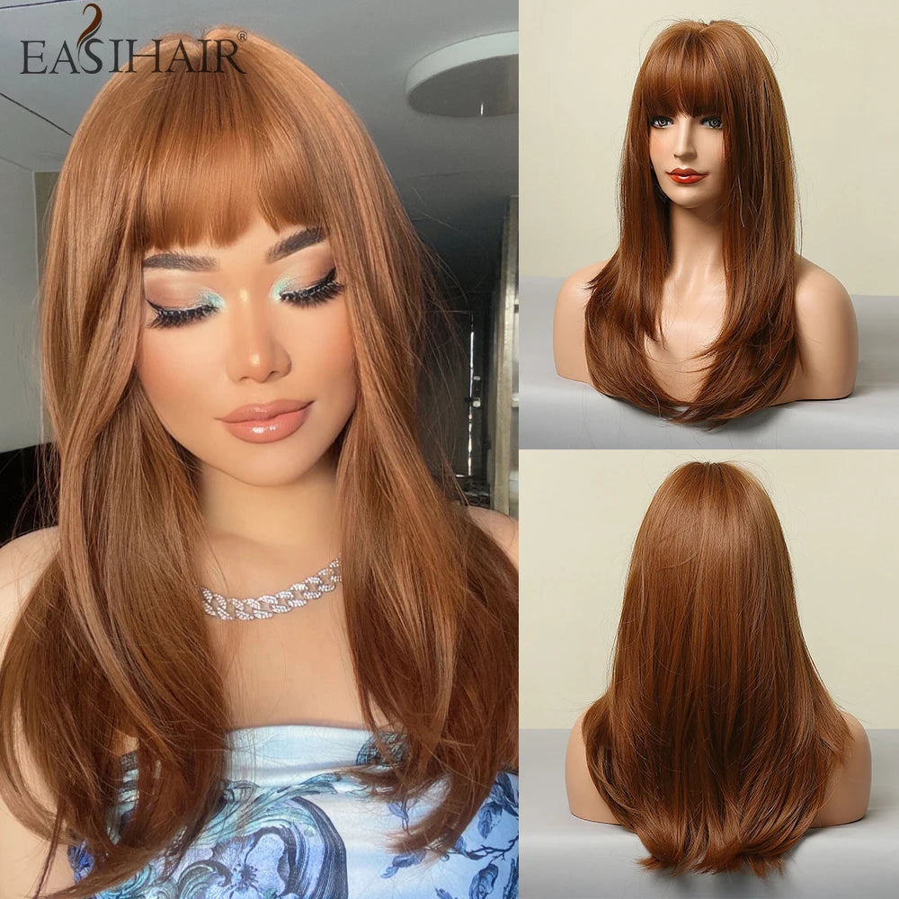 EASIHAIR Medium Length Layered Natural Hair Wig Dark Brown Wavy Synthetic Wigs for Women with Bangs Daily Wigs Heat Resistant