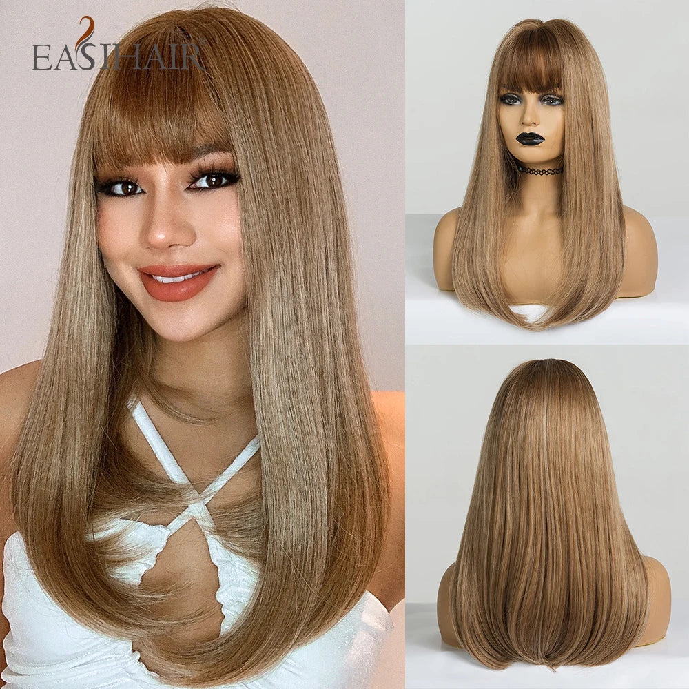 EASIHAIR Medium Length Layered Natural Hair Wig Dark Brown Wavy Synthetic Wigs for Women with Bangs Daily Wigs Heat Resistant