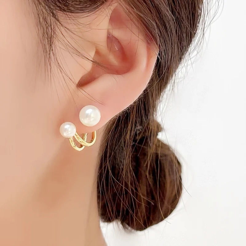 Personality Pearl Irregular Geometric Stud Earrings For Women Double Side Back Post Hanging Ear Cuff Wedding Jewelry Pendientes