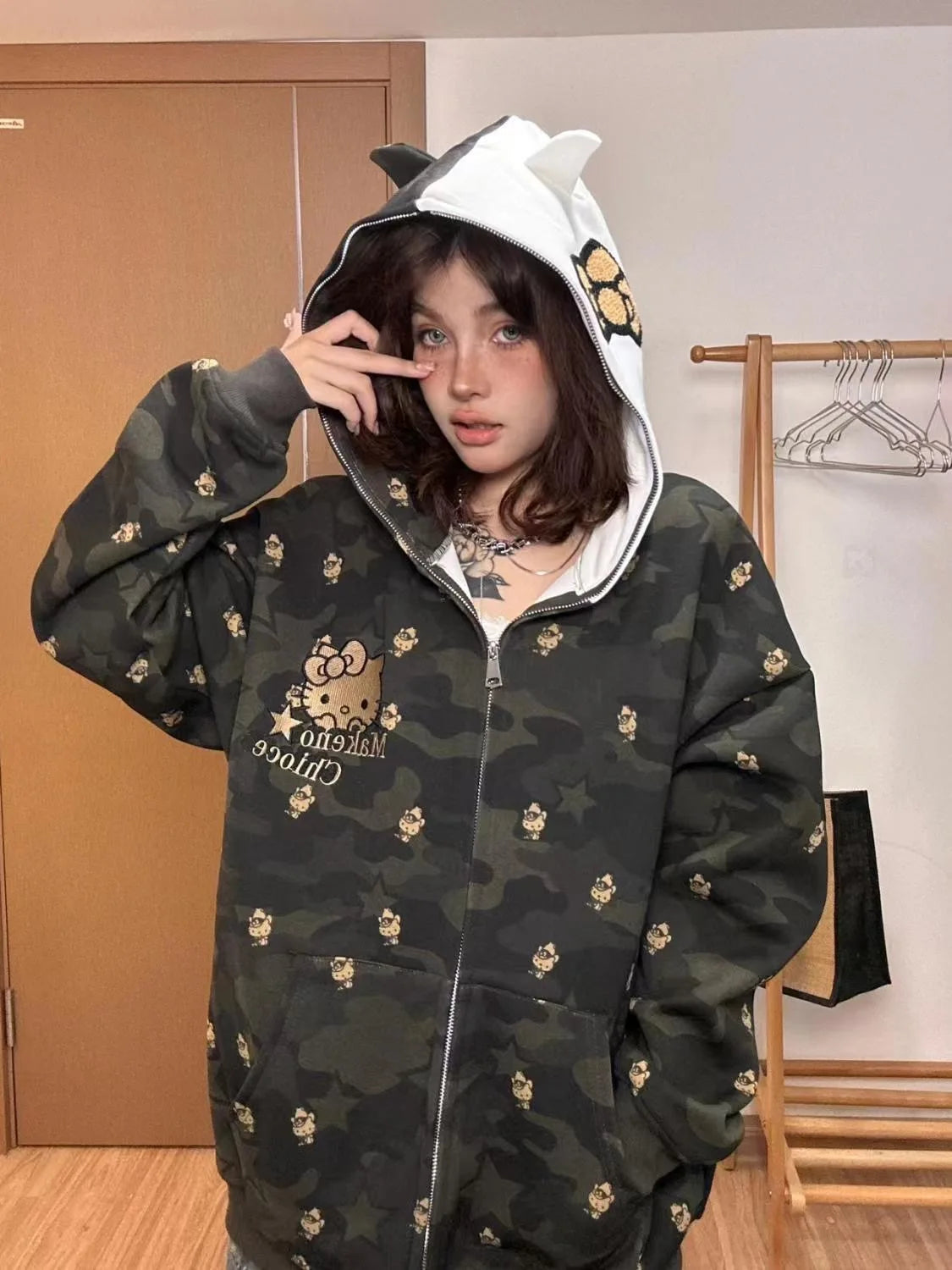 Sanrio Hello Kitty Hoodie Coat Y2k Cartoon Camouflage Zipper Hoodied Loose Casual Hoodies Outwear Streetwear Women Hip Hop Coat