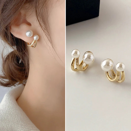 Personality Pearl Irregular Geometric Stud Earrings For Women Double Side Back Post Hanging Ear Cuff Wedding Jewelry Pendientes