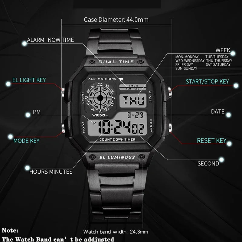 Luxury Men's Wristwatch Multifunction LED Digital Watch Alloy Strap Classic Business Men Watch 7-colors Luminous Sport Watches