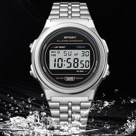 Digital Sports Waterproof Wristwatches for Men Women Multifunction LED Electron Clock Wrist Watch Retro Steel Strip Watches