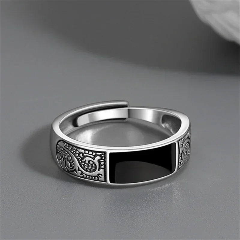 Trendy Vintage 925 Silver Ring for Men Jewelry Black Rectangle Retro Dragon Pattern Ring Male Rings Adjustable 남자 반지 남자친구 선물