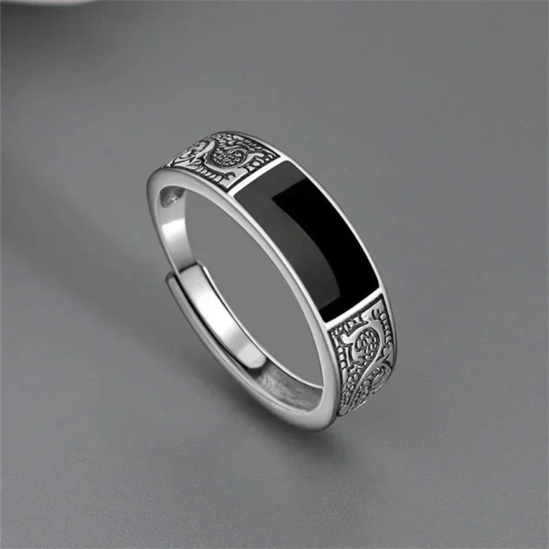 Trendy Vintage 925 Silver Ring for Men Jewelry Black Rectangle Retro Dragon Pattern Ring Male Rings Adjustable 남자 반지 남자친구 선물