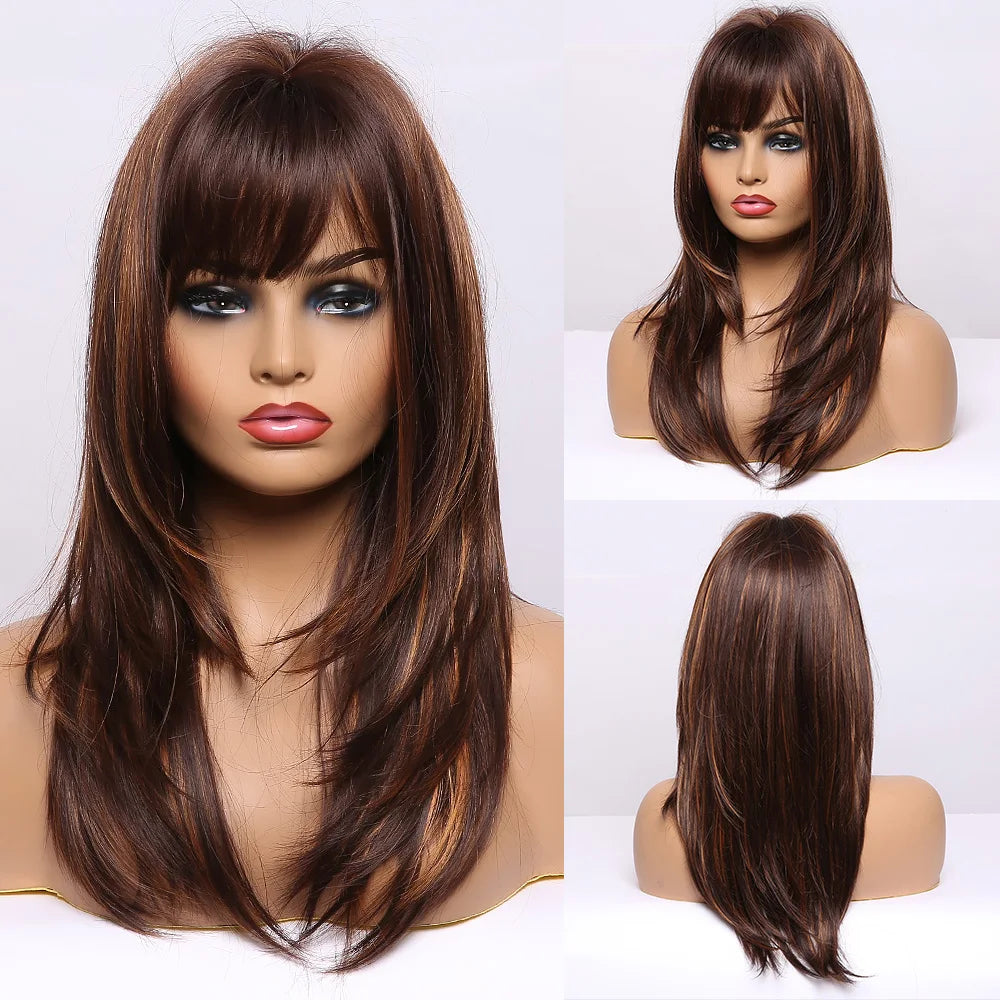 EASIHAIR Medium Length Layered Natural Hair Wig Dark Brown Wavy Synthetic Wigs for Women with Bangs Daily Wigs Heat Resistant