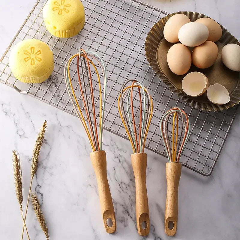 Kitchen Stainless Steel Whisk Creamer Semi-automatic Rotary Whisk Beech Wood Vase Handle Hand Mixer G041