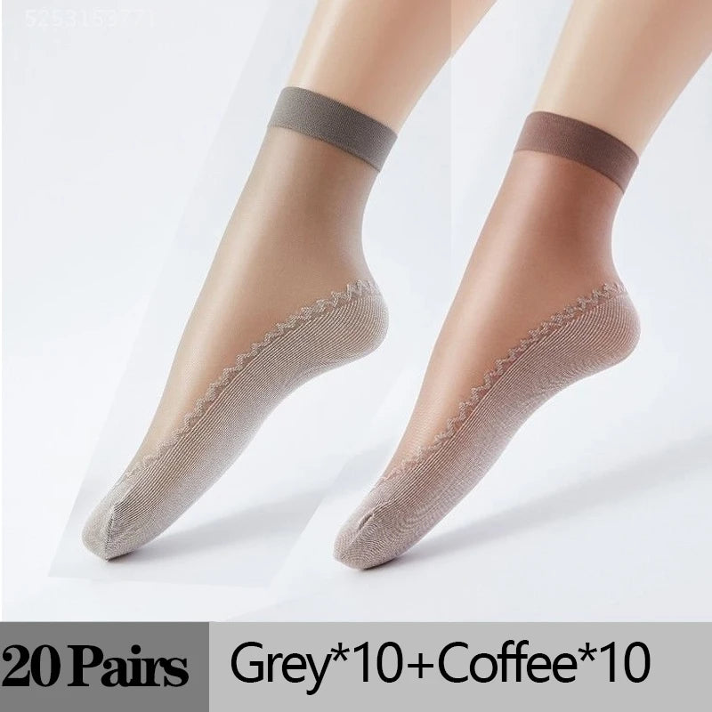 10/20 Pairs Short Socks Women Ultrathin Elastic Lace Transparent Sock Woman Summer Breathable Non-Slip Bottom Splice Cotton Sock