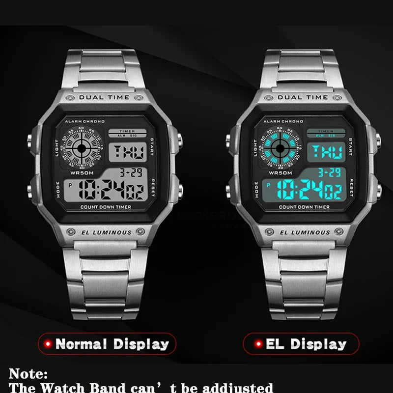 Luxury Men's Wristwatch Multifunction LED Digital Watch Alloy Strap Classic Business Men Watch 7-colors Luminous Sport Watches