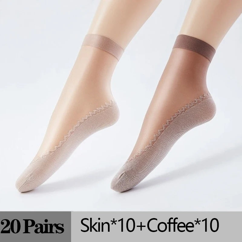 10/20 Pairs Short Socks Women Ultrathin Elastic Lace Transparent Sock Woman Summer Breathable Non-Slip Bottom Splice Cotton Sock