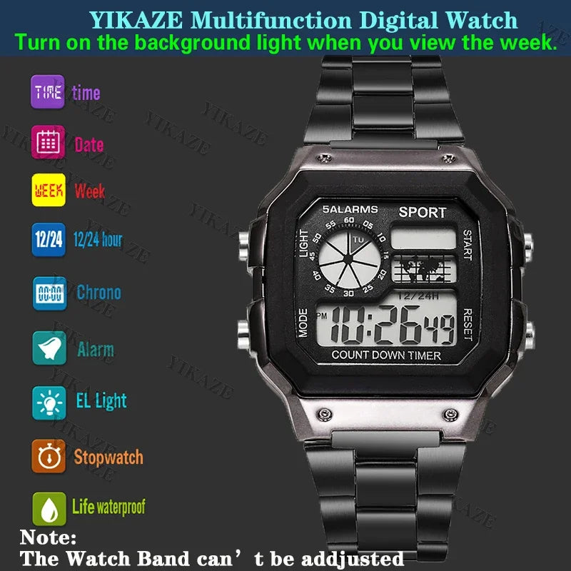 Luxury Men's Wristwatch Multifunction LED Digital Watch Alloy Strap Classic Business Men Watch 7-colors Luminous Sport Watches