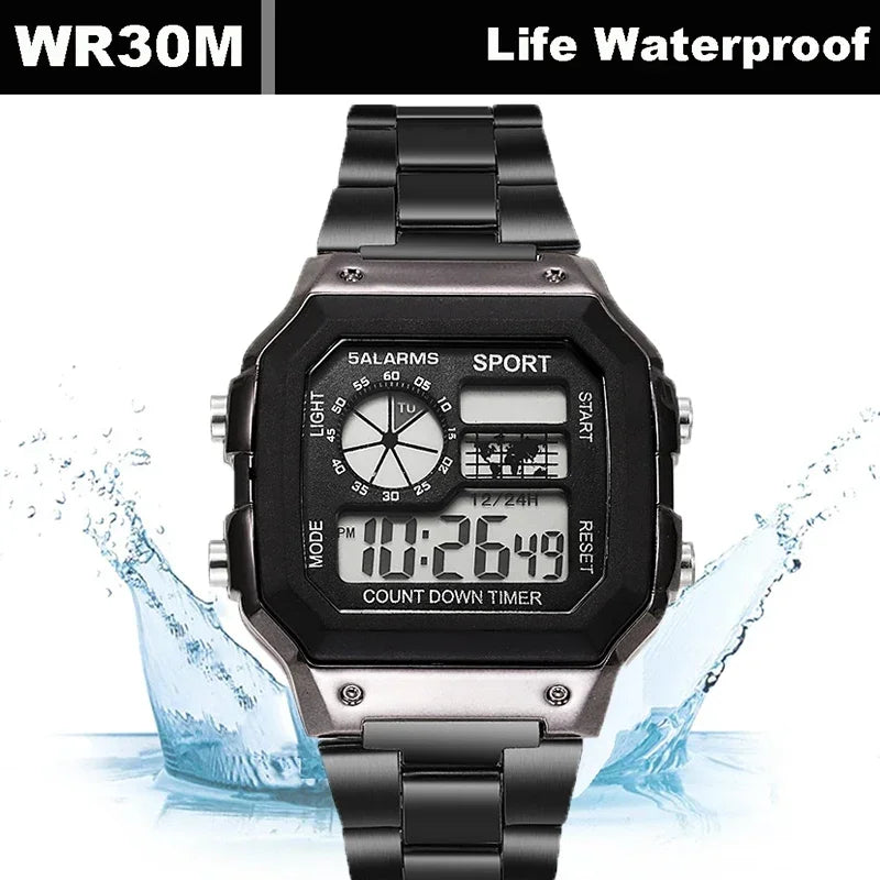 Luxury Men's Wristwatch Multifunction LED Digital Watch Alloy Strap Classic Business Men Watch 7-colors Luminous Sport Watches