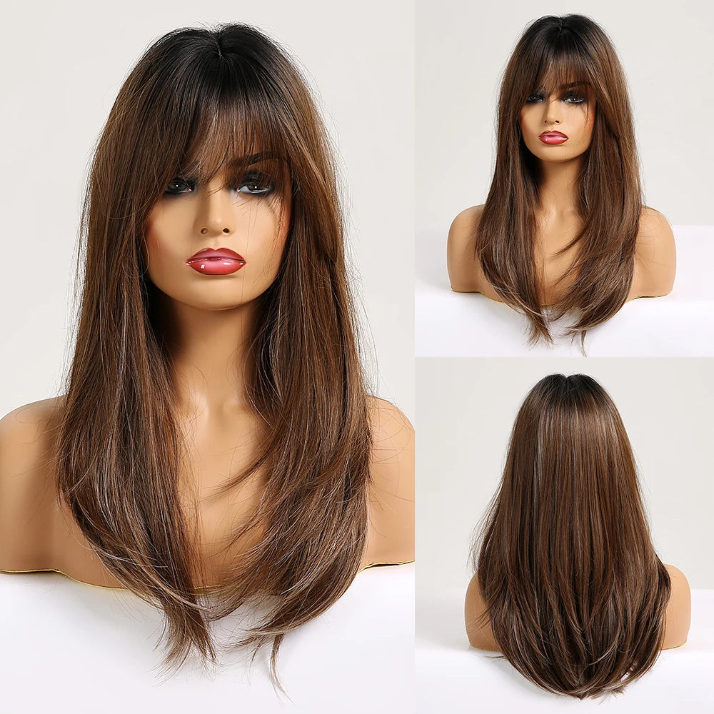 EASIHAIR Medium Length Layered Natural Hair Wig Dark Brown Wavy Synthetic Wigs for Women with Bangs Daily Wigs Heat Resistant