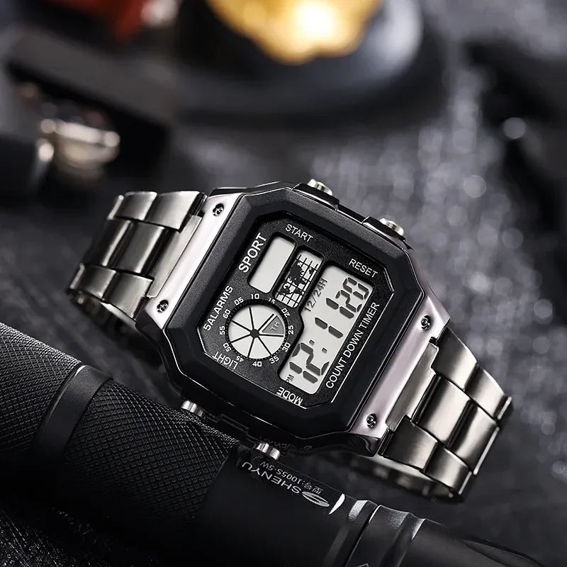 Luxury Men's Wristwatch Multifunction LED Digital Watch Alloy Strap Classic Business Men Watch 7-colors Luminous Sport Watches