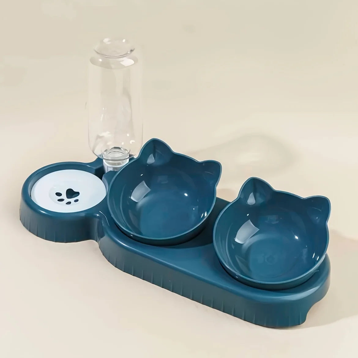 Pet Bowls With Water Feeder, 3 In 1 Ear Design Tilted Cat Water And Food Bowl Set With Gravity Water Bottle For Neck Protection