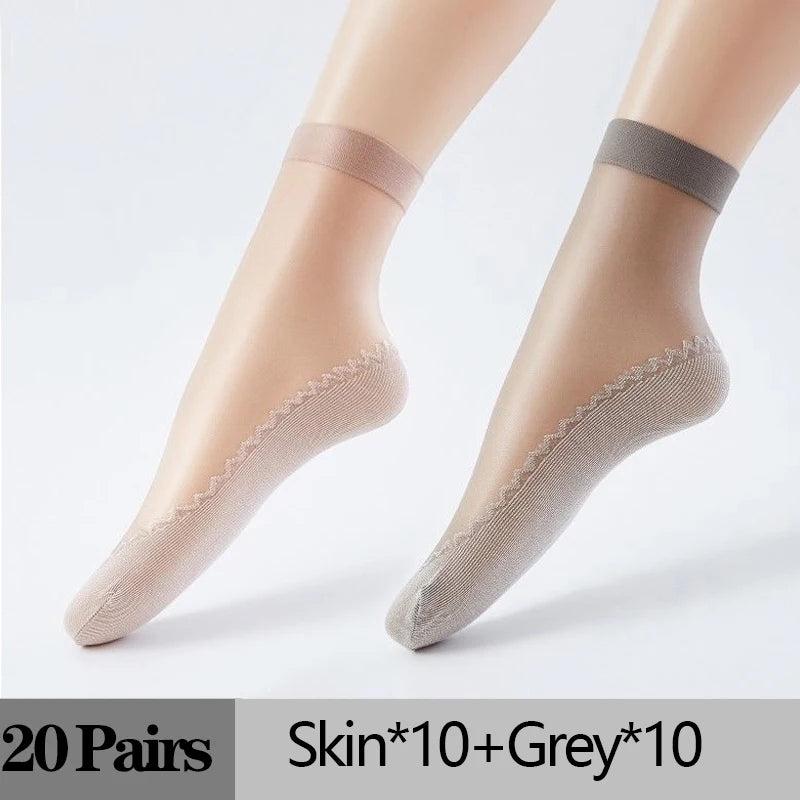 10/20 Pairs Short Socks Women Ultrathin Elastic Lace Transparent Sock Woman Summer Breathable Non-Slip Bottom Splice Cotton Sock