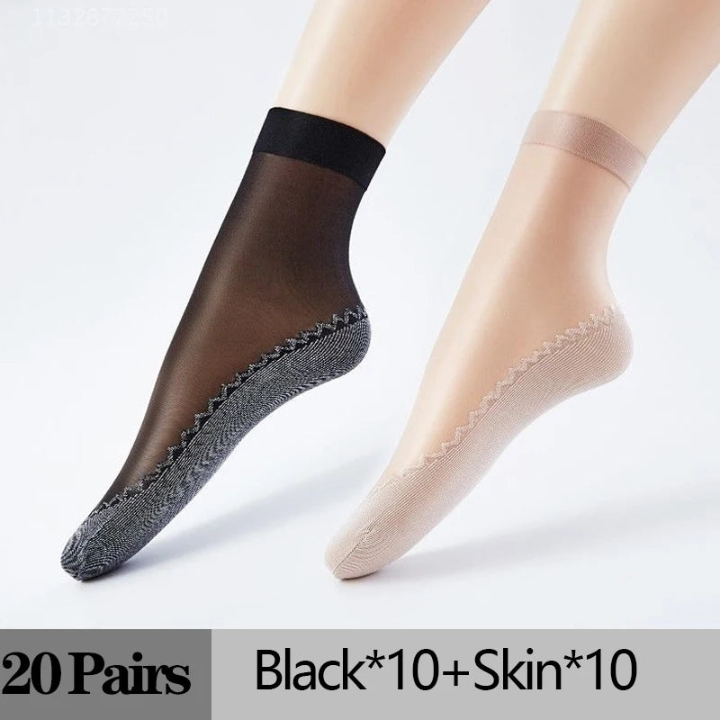 10/20 Pairs Short Socks Women Ultrathin Elastic Lace Transparent Sock Woman Summer Breathable Non-Slip Bottom Splice Cotton Sock