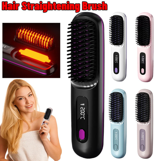 Electric LCD USB Ceramic Heating Straight Hair Comb Wireless Portable Negative Ion Styling Tool Rechargeable Straightening Brush