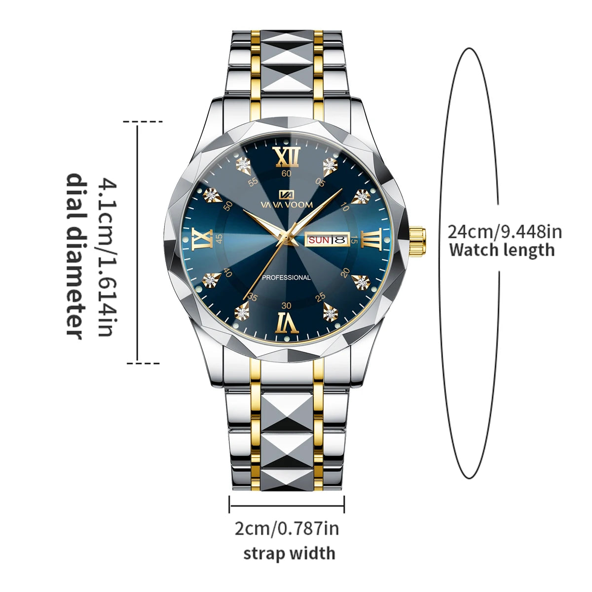 Men Watch Water Diamond Luxury Night Glow Double Calendar Quartz Movement 41mm Blue Gold Stainless Steel Fashion Business Watch