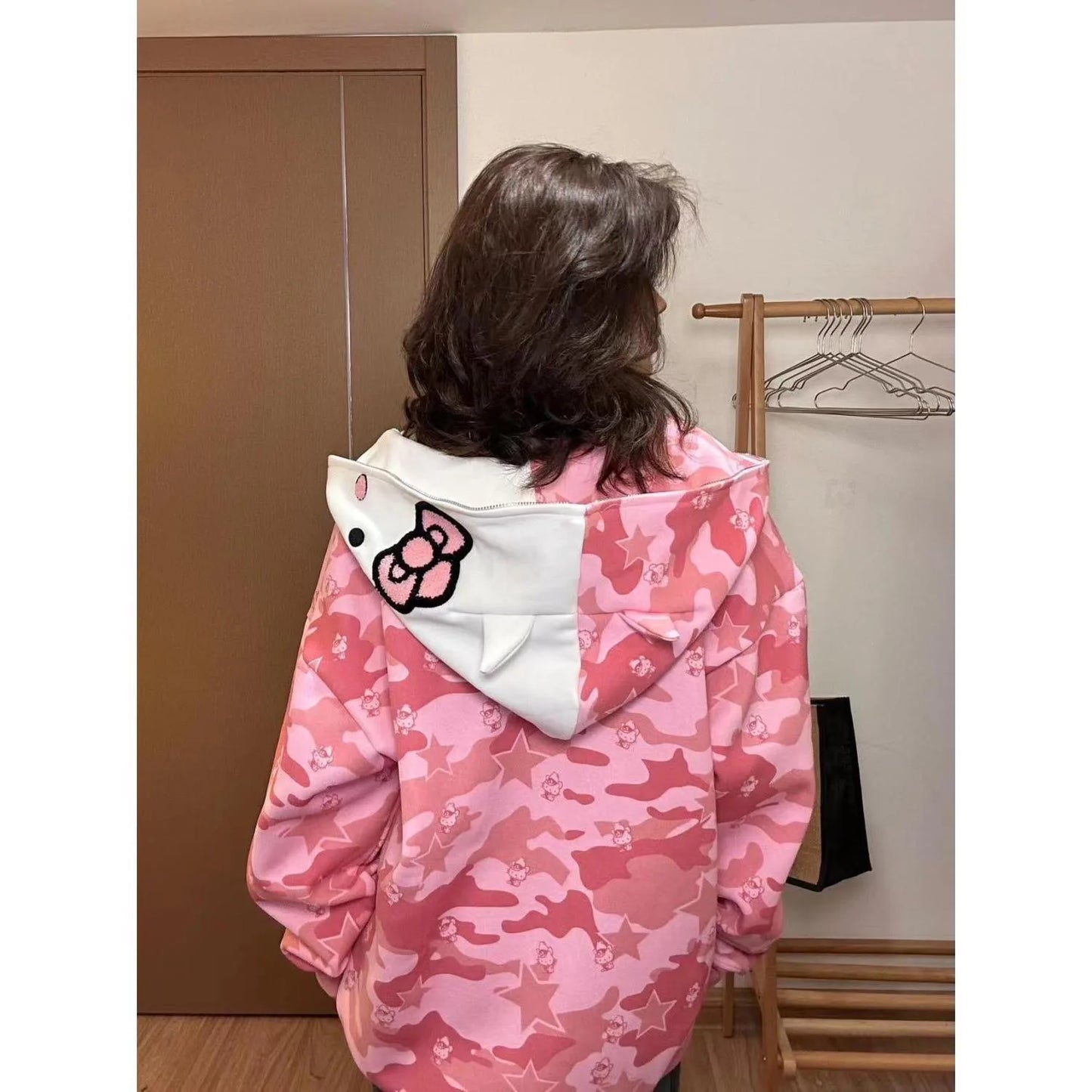 Sanrio Hello Kitty Hoodie Coat Y2k Cartoon Camouflage Zipper Hoodied Loose Casual Hoodies Outwear Streetwear Women Hip Hop Coat