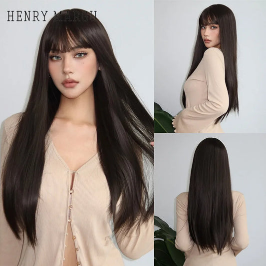 HENRY MARGU Dark Brown Straight Wigs with Bangs Long Natural Synthetic Wig Heat Resistant Brown Wig for Party Daily Women Wig