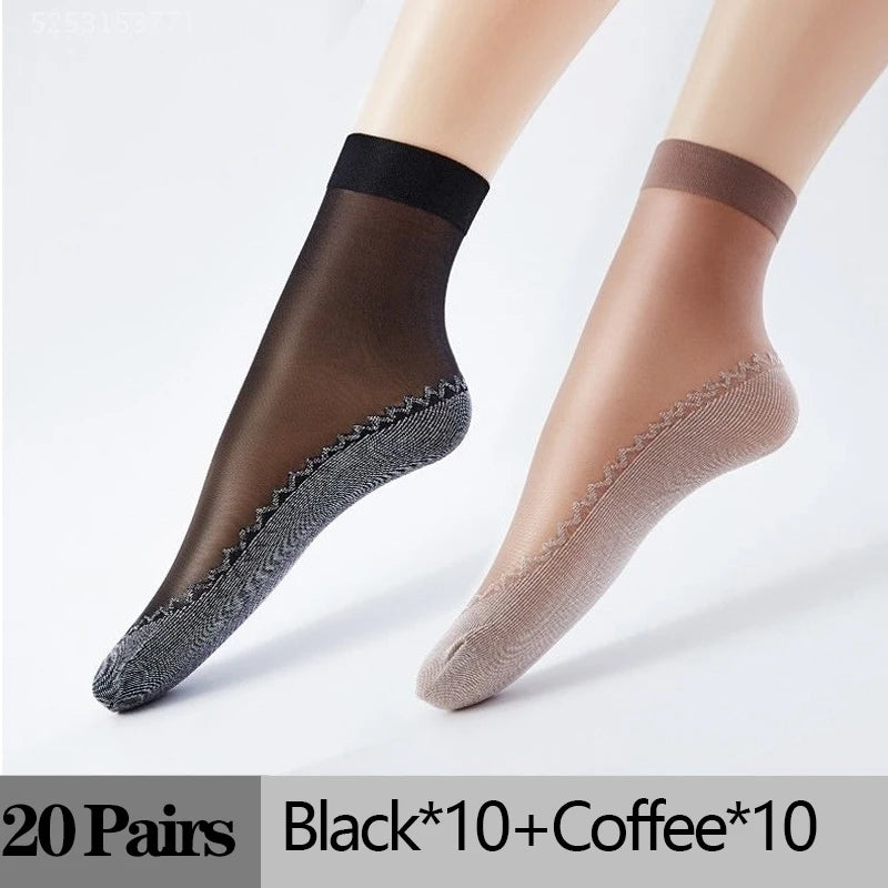 10/20 Pairs Short Socks Women Ultrathin Elastic Lace Transparent Sock Woman Summer Breathable Non-Slip Bottom Splice Cotton Sock