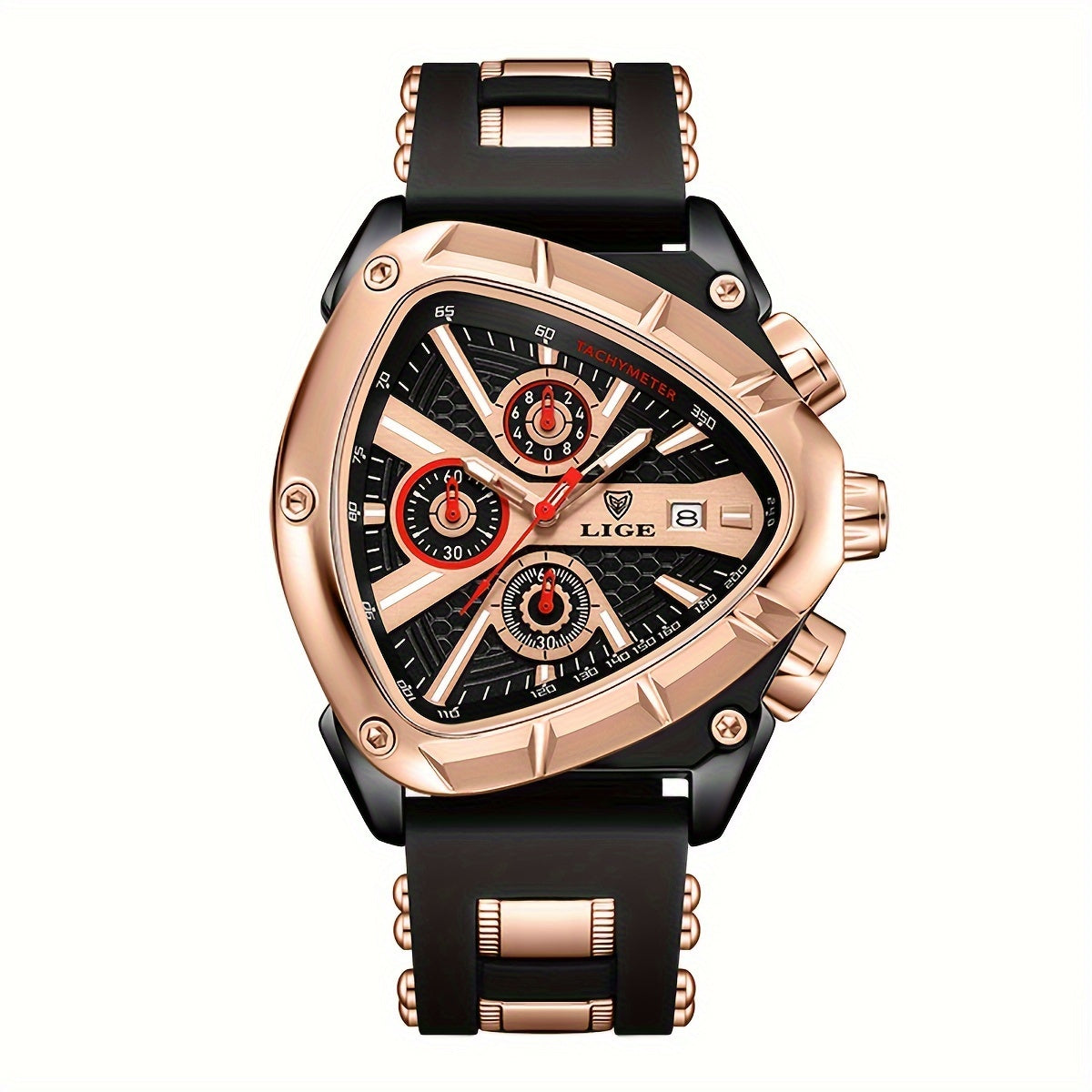 LIGE Men's Sports Triangle Watch - Luminous Hands, Fashion Silicone Strap, Luxury Golden-Tone Quartz Wristwatch with Chronograph & Date Display